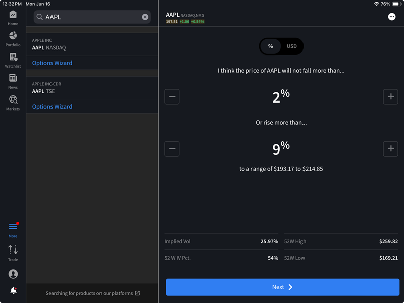 The options wizard forecast criteria on the iPad